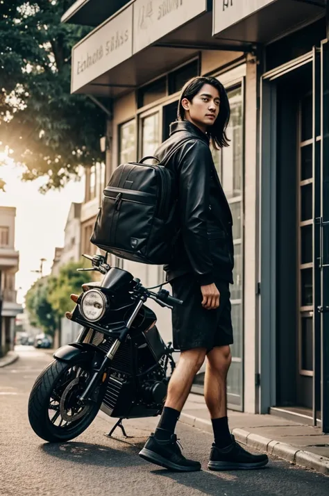 Create images about the delivery backpack and the automatic motorcycle