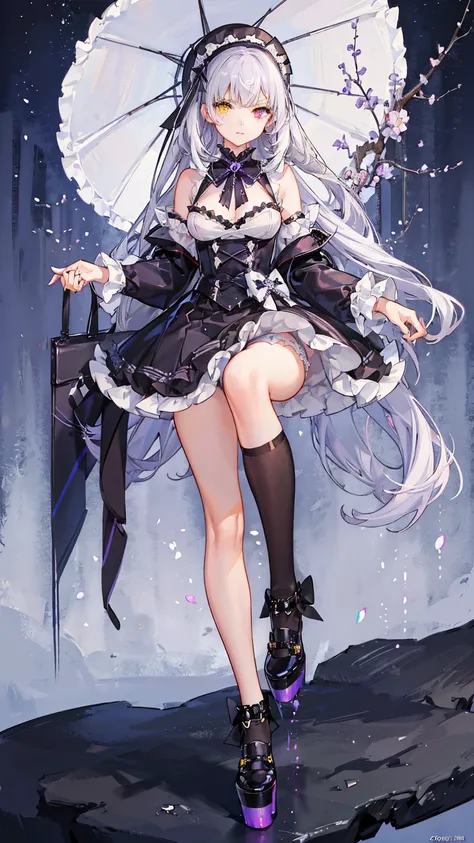 Sfw,1girl,solo,female photo,She has a black umbrella with white frills,white panties,Gothic and Lolita,platform shoes,(heterochromia,purple eye,yellow eye),big breasts,beautiful face, navy long hair,mysterious mood,in the night,moolight,best quality, high ...