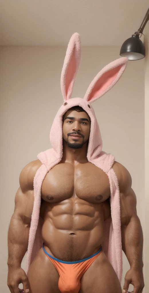 1boy, solo, facial hair, male focus, bulge, pectorals, bara, muscular, mature male, muscular male, abs, beard, nipples, short hair, navel, stomach, large pectorals, thick eyebrows, bare pectorals, dark-skinned male, animal costume, erection, thighs, erecti...