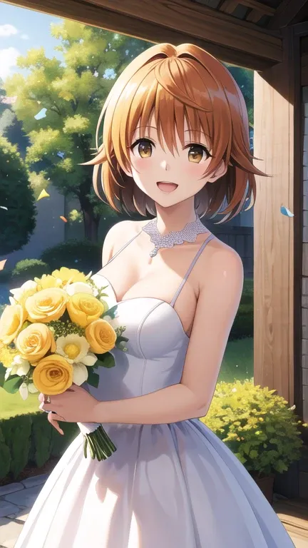 masterpiece, best quality, highres, aariko, short hair, brown eyes, wedding dress, garden, holding bouquet, smile, open mouth, c...