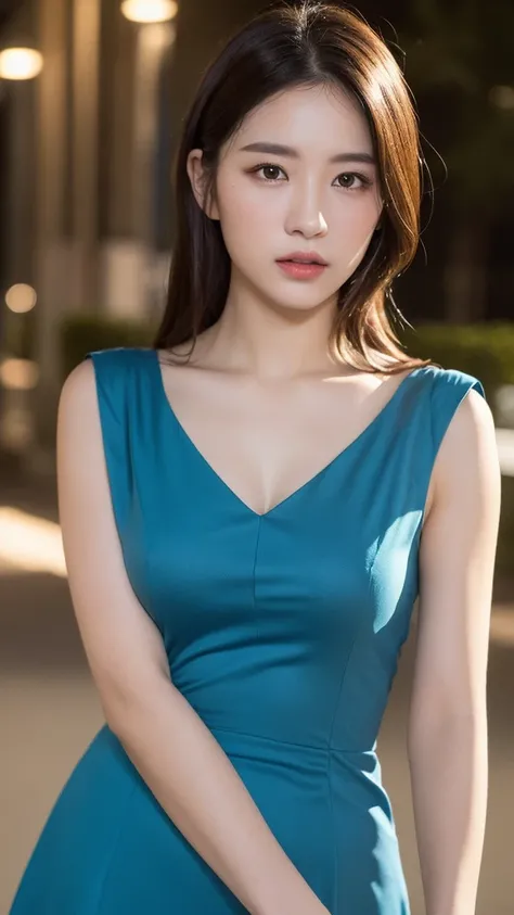 ((Realistic lighting, best quality, 8K, masterpiece: 1.3)), Key Points: 1.2, 1 Girl, Perfect body beauty: 1.4, Slim abdominal muscles: 1.1, ((Dark brown hair)), (Aqua blue dress: 1.4), (outdoor, night: 1.1), City Streets, Very delicate face, Beautiful eyes...