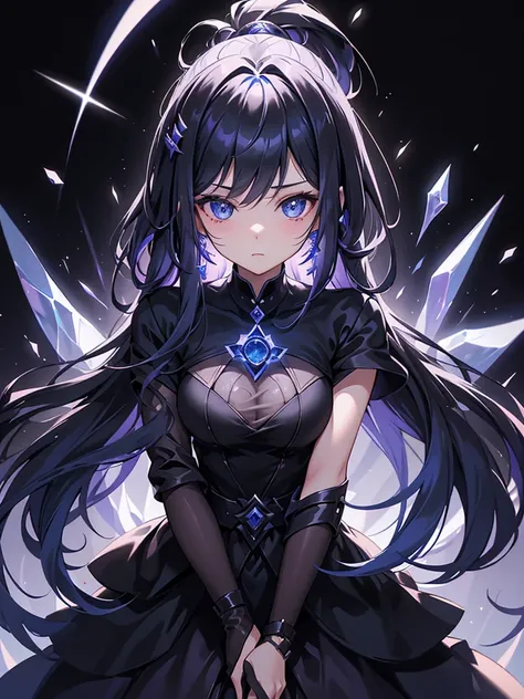 25-year-old girl、Rune background、black magician、Wearing a black robe、mesmerize、cute woman、Elegant hairstyle、indigo hair color、Slightly shorter hair、blue eyes、look at the viewer、masterpiece、Best image、