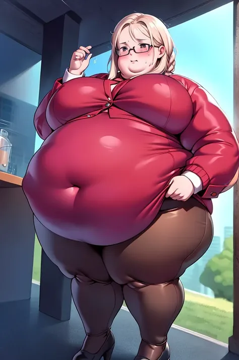 Anime Women, Lady、Forehead、Braid、Glasses、Hanging eyes、Brown eyes、Are fat、Chubby、Voluptuous、obesity、Double chin、Cheek、Fat-covered neck、Big Breasts、Saggy breasts、Thick upper arms、Fat Belly、Sagging belly、tall、dark brown business suit、Dark brown office suit、Hi...