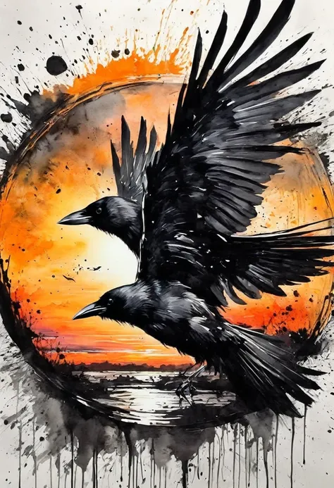 Ink painting,Black and white painting,Beautiful detailed painting,Draw a circle with a brush,(Crow from the circle splash:1.2),sunset,1 p,