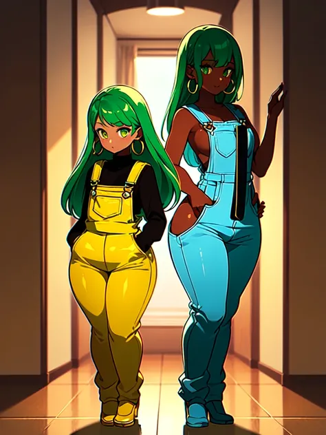 masterpiece, best quality,1girl, ((young girl)), ((large round magical green eyes)), shiny skin, (thin waist), (long curlly green hair), ((curvy)), ((wide hips)), ((hoop earrings)), ((small size)) , ((( yellow overalls))), hot, soft natural lighting, refle...