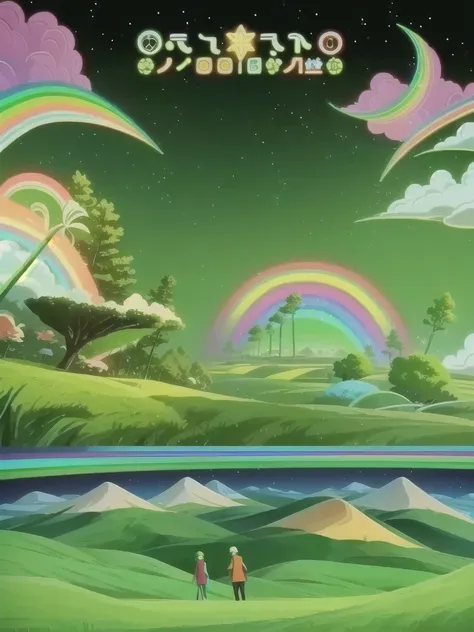 A cartoon illustration of a green landscape with a rainbow and sky, Stills from Rainbow Ophanim, Animation stills, Animation stills, Opening, psychedelic landscape, Animation stills, screenshot, An imagined life, Katama, Psychedelic illustration, Intricate...