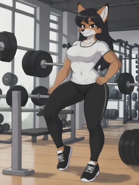 Furry, fox, female, white shirt, black leggings, shoes, gym, teen, full body