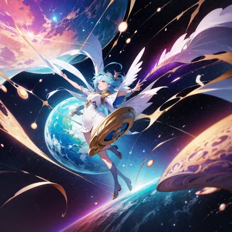 female figure creating a universe in between its hands, epic scenemy, magical enviroment, space background