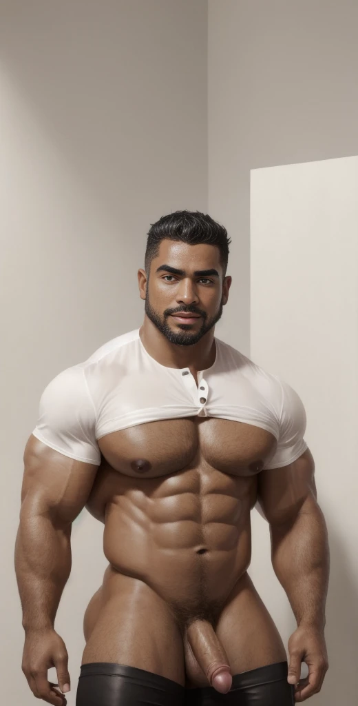 1boy, solo, facial hair, male focus, bulge, pectorals, bara, muscular, mature male, muscular male, abs, beard, nipples, short hair, navel, stomach, large pectorals, thick eyebrows, bare pectorals, dark-skinned male, business suit and tie clothing, erection...