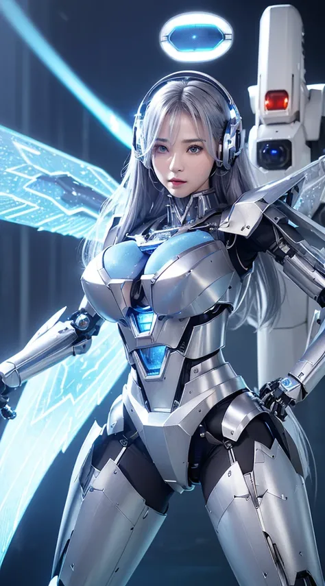 ((Intense action pose:1.6))、((Shining lenses on both breasts:1.3))、((Blue pillars of light are emanating from both chests.:1.3))、smile、((8K)), ((32k)), ((Highest quality)), ((masterpiece)), ((超A high resolution)), ((Tmasterpiece)), ((Halation:1.4))、((Mecha...