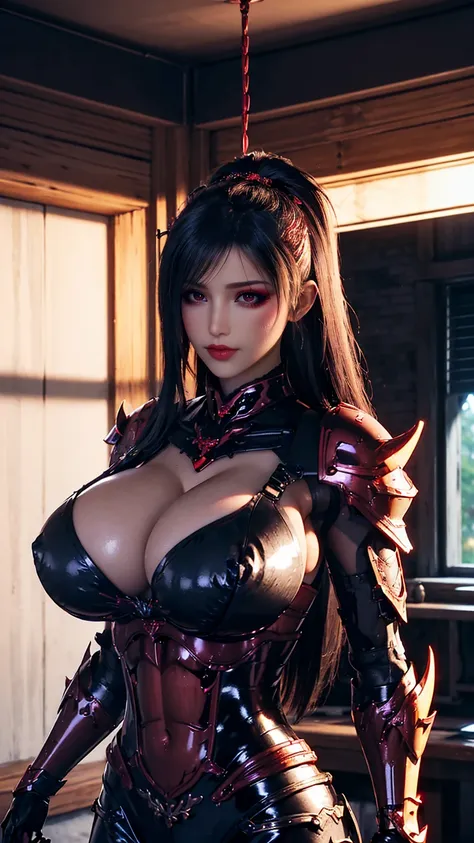 A BUSTY MILF, CLOSE UP UPPER BODY,SOLO, ((DRAGON MECHA HORN,DARK LONG HAIR)), (GIGANTIC FAKE BOOBIES,CLEAVAGE TOP,11 LINE ABS:1.5), ((WEARING OUTFIT BLACK, CRIMSON RED DRAGON MECHA SKIMPY ARMOR:1.5)), (MUSCULAR BODY SHAPE:1.5), (CLEAN GLOSSY BODYSKIN:1.5),...