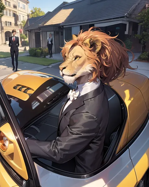 masterpiece, best quality, a lion in suit, expensive house, handsome suit from side, a car in the background, upper body, yellow wise eyes