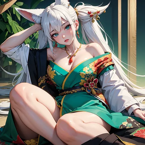 The whole body was painted１Only beautiful women。High angle bust zoom up。flat２D Anime Illustration。Emerald Punk Background。Ultra high definition。Enraged, he turns his face away。Girl sitting on the floor。Kimono with belly button exposed。Long white hair and f...