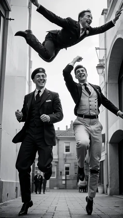  men in 1917 jumping for joy black and white image