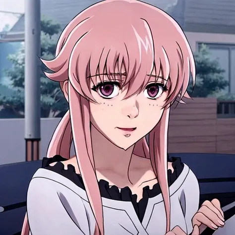 Anime girl with pink hair and pink eyes holding a cell phone., Gasai Yuno, Gasai Yuno, Gasai Yuno, Gasai Yuno, Mirai Nikki, female cartoon character, Chica anime llamada Gasai Yuno, anime visual of a young woman, Gasai Yuno, in the anime movie, mirai nikki...