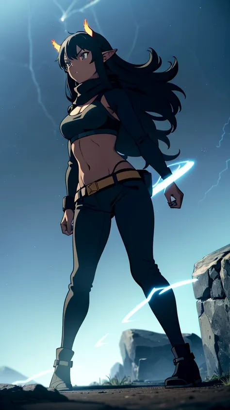 ((1girl,solo,mature female,25s,adult)),long hair, black hair,angry,horns,elf ears,black scarf,cleavage,((dark skin)),((black sports bra, midriff)),((black leather pants)),night, fireflies, fantasy,rain,thunder clouds,walking,lightning,lightnings lights,spa...