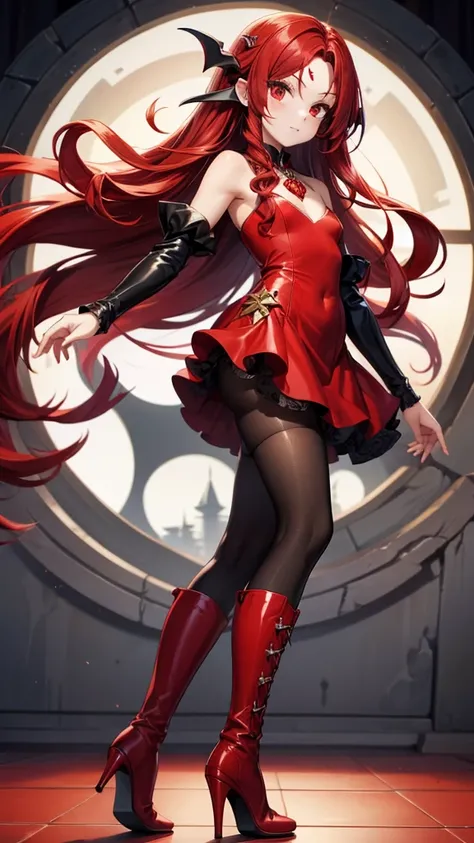 Young woman with long red hair spiral curls，vampire，hairpin，small red dress，Bare arms，Bare Legs，stockings，High heel boots，Standing，Big castle