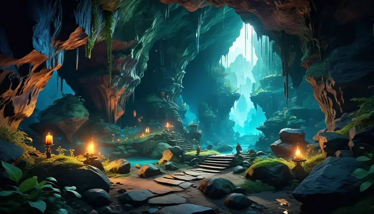 (anime, fantasy), (extremely detailed CG unity 8k wallpaper, masterpiece, best quality, ultra-detailed, depth of filed, HDR:1.2), (goblin cave, dark cave, cavern interior, isolated cave, bones scattered, mysterious, dark hue), fantastical landscapes, vibra...