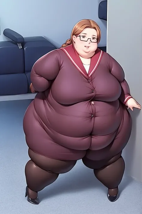 Anime Women, Lady、Forehead、Braid、Glasses、Hanging eyes、Brown eyes、Are fat、Chubby、Voluptuous、obesity、Double chin、Cheek、Fat-covered neck、Big Breasts、Saggy breasts、Thick upper arms、Fat Belly、Sagging belly、tall、Dark brown office suit、High heels、Sweat、Embarrasse...