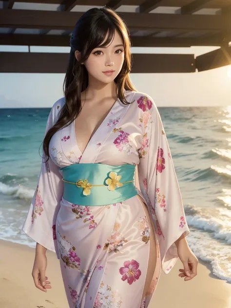 Golden Hour. Soft lighting. evening. dark. Sensual, Curvy Women, Please stop Aaron. Long Hair, bangs. round, Beautiful Face. full, Glossy Lips. Charming smile. Chubby gravure idol. , (Floral Yukata:1.25), , (Open yukata), , . Shiny skin. Glowing skin, Glos...