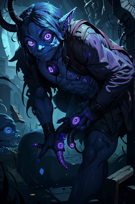 bluish goblin missing a piece of its ear with a scar on its butt and the iris of its left eye glowing purple