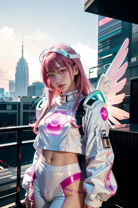 ((masterpiece, best quality, extremely detailed), volumetric lighting, ambient occlusion, colorful, glowing), 
1girl, solo, young girl, (pink hair), long hair, halo, aura, sacred, godness, cyber suit, (white outfit:1.3), android, bot, angel wings,
outdoors...