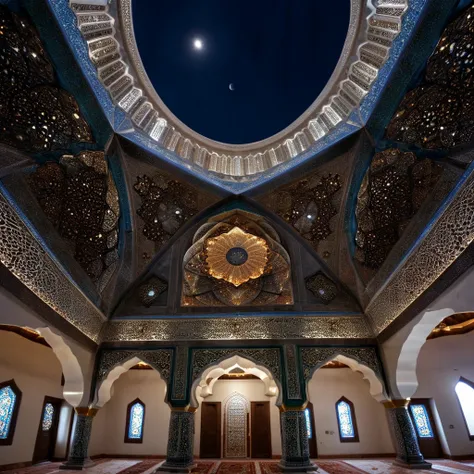 Beautiful arabesque ceiling、Mosque、interior、Super detailed photos、Perspective angle、Night view with the moon