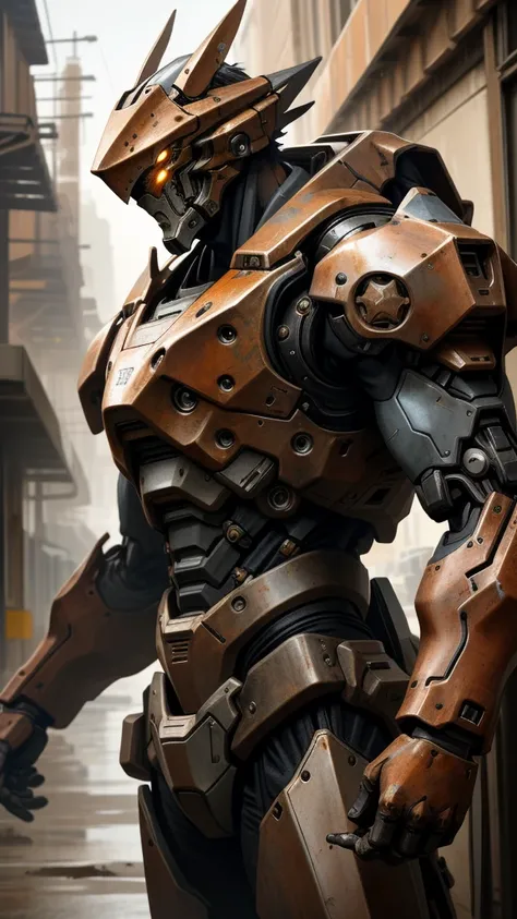 portrait photo of an alpha male, perfect eyes, in a worn mecha suit, intricate, (steel metal [rust]), elegant, sharp focus, phot...