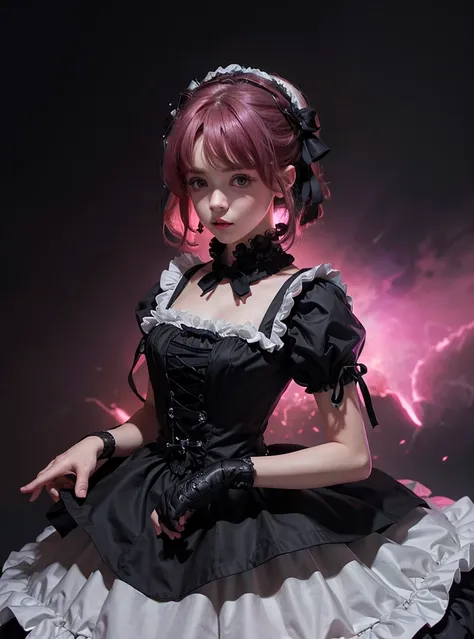 a beautiful girl,magenta hair,looking at the viewer,standing,(Very Detailed: 1.3),ultra realistic,HDR,(High Dynamic Range),8K RAW,(((1GIRL))),(((wearing lolita dress))),(((black background))),masterpiece,best quality,perfect proportions