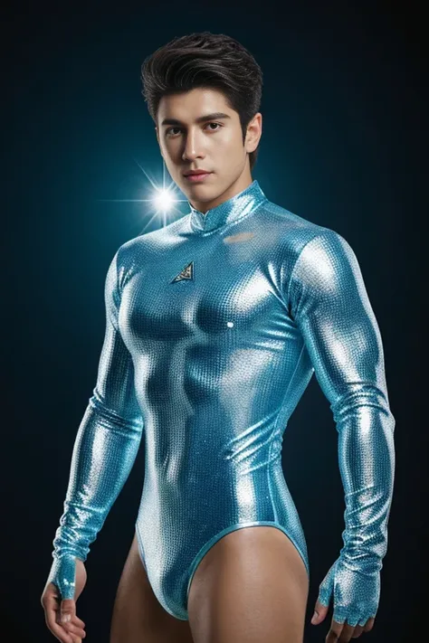 Quarter body shots photorealistic ultra realism high definition aesthetic stabilized diffusion picture of handsome hunky fractal clean shaven MILO as celestial Ling wearing iced blue and cyan sparkling Pentagonal filigree biomorphic transparent overall tig...