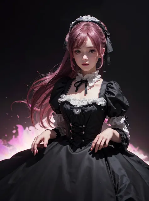 a beautiful girl,magenta hair,looking at the viewer,standing,happy face,(Very Detailed: 1.3),ultra realistic,HDR,(High Dynamic Range),8K RAW,(((1GIRL))),(((wearing lolita dress))),(((black background))),masterpiece,best quality,perfect proportions