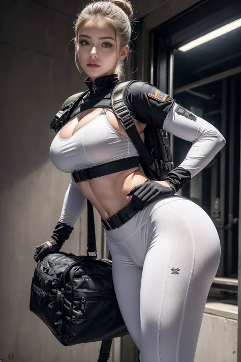 (Highest image quality, Outstanding details, Ultra-high resolution), 1 girl, put((A futuristic military look inspired by white yoga pants, Military wiring harness, Military Equipment，For example, military bag,)), (Glamorous characters, Curvy body, Fitness,...