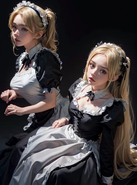 a beautiful girl,blonde pigtail hair,looking at the viewer,standing,(Very Detailed: 1.3),ultra realistic,HDR,(High Dynamic Range),8K RAW,(((1GIRL))),(((wearing maid dress))),(((black background))),masterpiece,best quality,perfect proportions