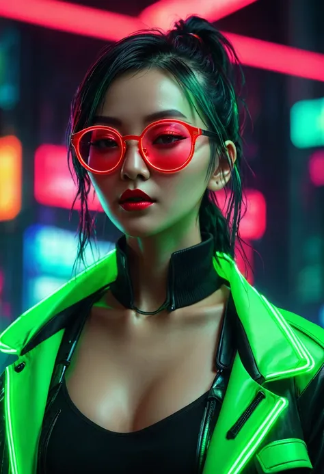 cyberpunk background，neon，a woman wearing red and green national trend style，抗着neon，wear round glasses，high definition rendering