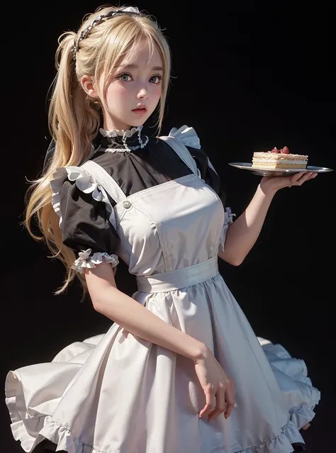 a beautiful girl,blonde pigtail hair,(((looking at the viewer))),standing,blush face,(Very Detailed: 1.3),ultra realistic,HDR,(High Dynamic Range),8K RAW,(((1GIRL))),(((wearing maid dress))),(((black background))),masterpiece,best quality,perfect proportio...