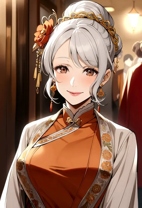 50 year old woman, white hair, bun with hairpin, brown eyes, orange dress, red jacket