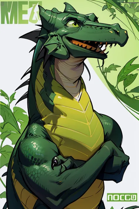 a green velociraptor in a thoughtful pose, with a claw on his chin and eyes looking up, as if he were contemplating a deep thoug...