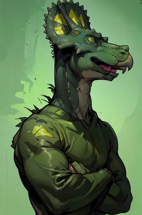 a green velociraptor in a thoughtful pose, with a claw on his chin and eyes looking up, as if he were contemplating a deep thoug...