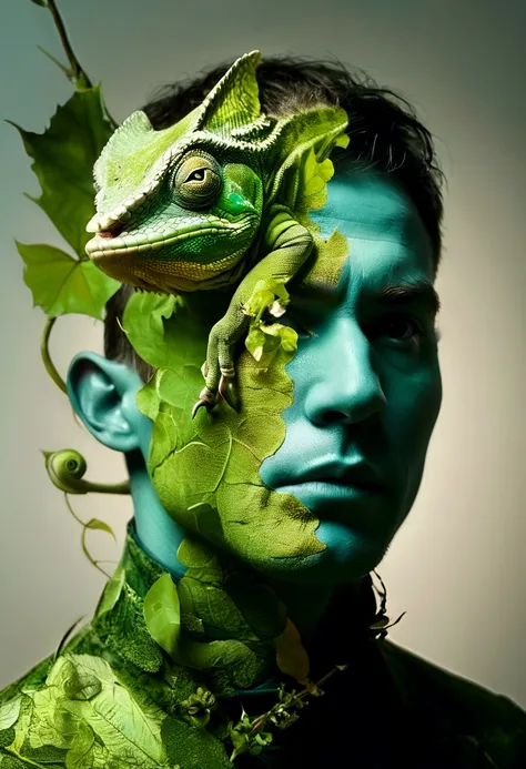 photo-illusion double-exposure mimic, a man , a chameleon (solid effect mimic on face) seamless mix, flawless, dramatic shadows, interlacing elements,digital manipulation photo art, fantasy art