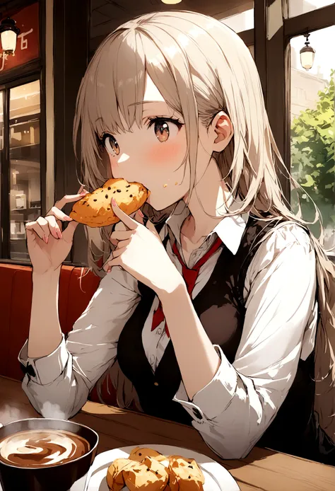 A girl eating snack in caffe