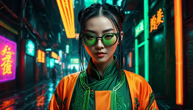 cyberpunk background，neon，a woman wearing orange and dark green national style，chinese clothing，抱着neon，wear round glasses，high d...