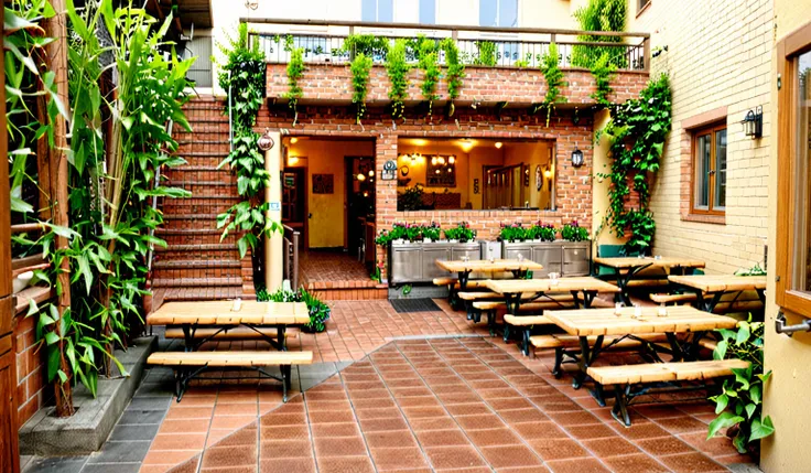 raw photo,masterpiece, high quality, best quality, authentic, super detail, exterior, outdoor, a cozy restaurant patio with wood...