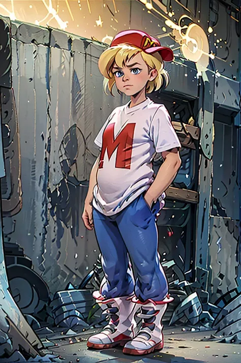 (masterpiece, best quality), 1girl,  1girl, mighty max, blonde hair, red hat, white shirt, blue pants, blue eyes,  short sleeves...