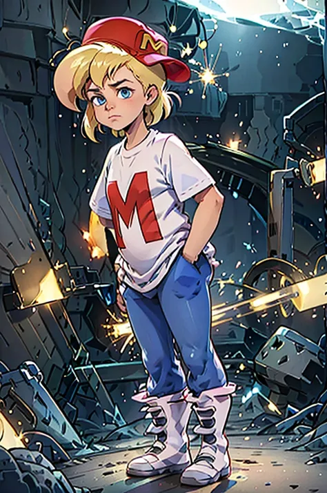 (masterpiece, best quality), 1girl,  1girl, mighty max, blonde hair, red hat, white shirt, blue pants, blue eyes,  short sleeves...