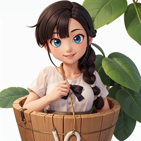 A young woman，Black hair，Braid on the chest，Holding a plant in a bucket, High-quality fanart, anime lush john 8k woods, Anime cute art style, [[[[Smiling happily]]]], ,Pure white background, As anime character, Gu Weiss, High-quality anime art style