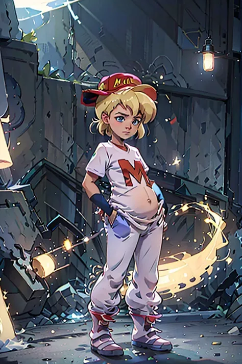 (masterpiece, best quality), 1girl,  1girl, mighty max, blonde hair, red hat, white shirt, blue pants, blue eyes,  short sleeves...