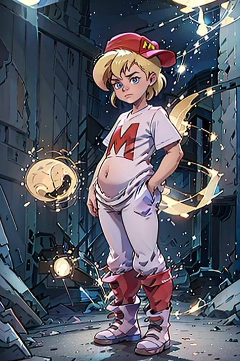 (masterpiece, best quality), 1girl,  1girl, mighty max, blonde hair, red hat, white shirt, blue pants, blue eyes,  short sleeves...