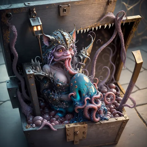 photo and gross, mimic:1.3, wooden chest:1.3, fleshy interior, long tongue:1.3, meat, saliva, tentaclehorrorai, (extended tentac...