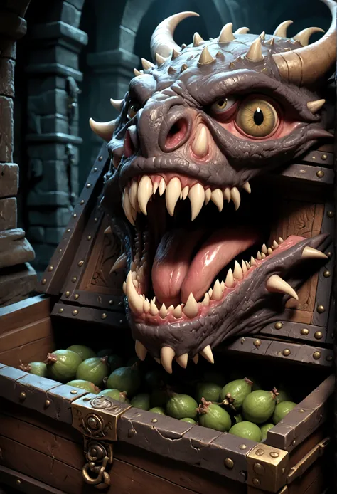 A chest in a dungeon, fantasy dungeon, dungeon chest, chest with eye stalks, chest yawning, toothy maw, detailed fantasy illustration, highly detailed, cinematic lighting, dramatic lighting, dark moody atmosphere, deep shadows, intricate details, grotesque...