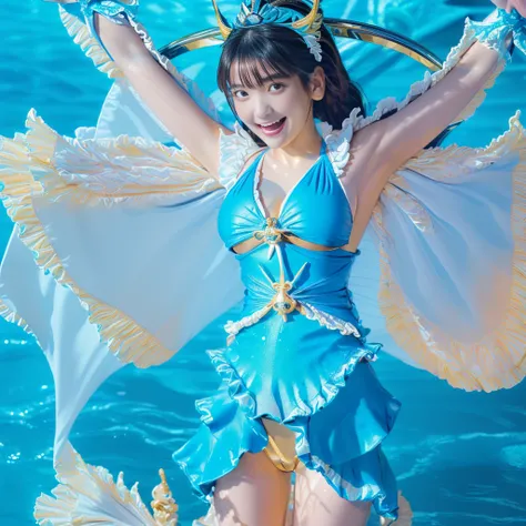 Highest quality，masterpiece，Very detailed, 8K，Beautiful Japanese Women:1.5, Small face, Crucifixion, (Detailed glamorous light blue and blue magical girl heroine ruffled swimsuit:1.5),　Ecstatic expression、　Breast Augmentation Surgery, Very detailedな臭い脇の下